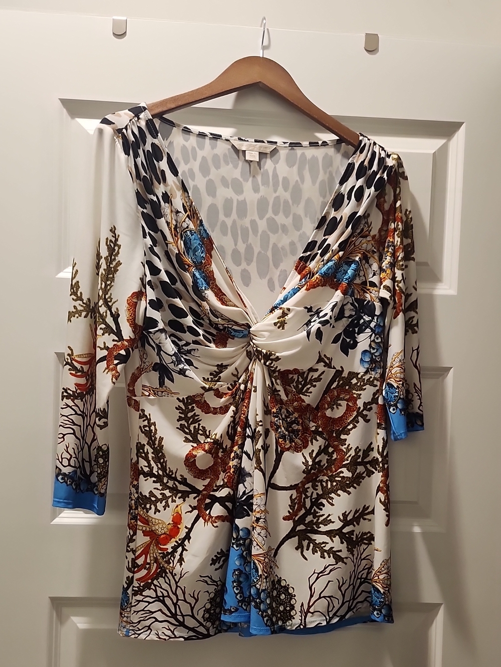 Boston Proper Knot Front V-Neck Tunic Top in Cream, Blue & Brown